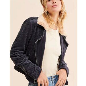EUC Vigoss Removable Faux Fur Collar Navy Blue Warm Corduroy Moto Jacket